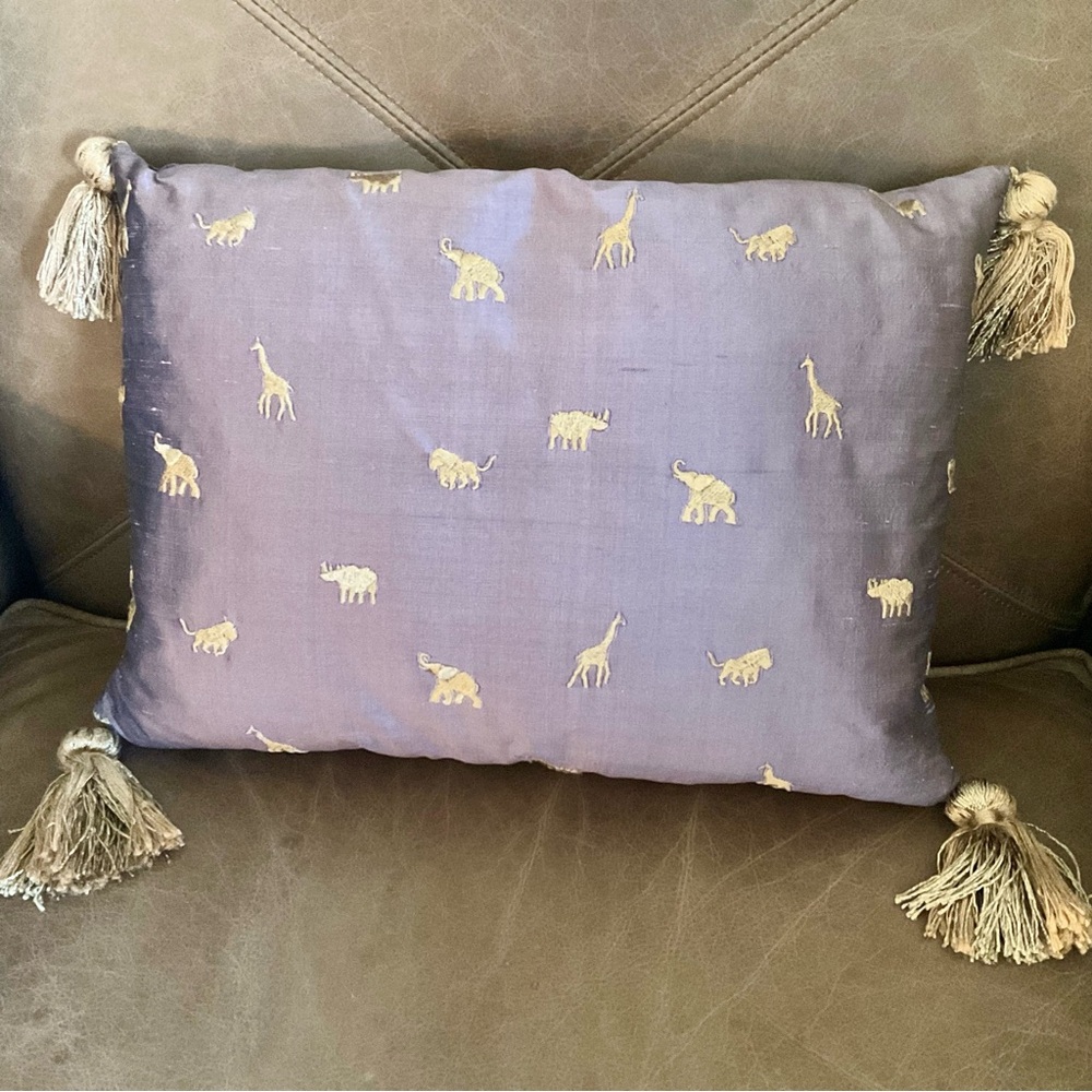 Lavender Silk Pillow with Animal Embroidery and Tassels